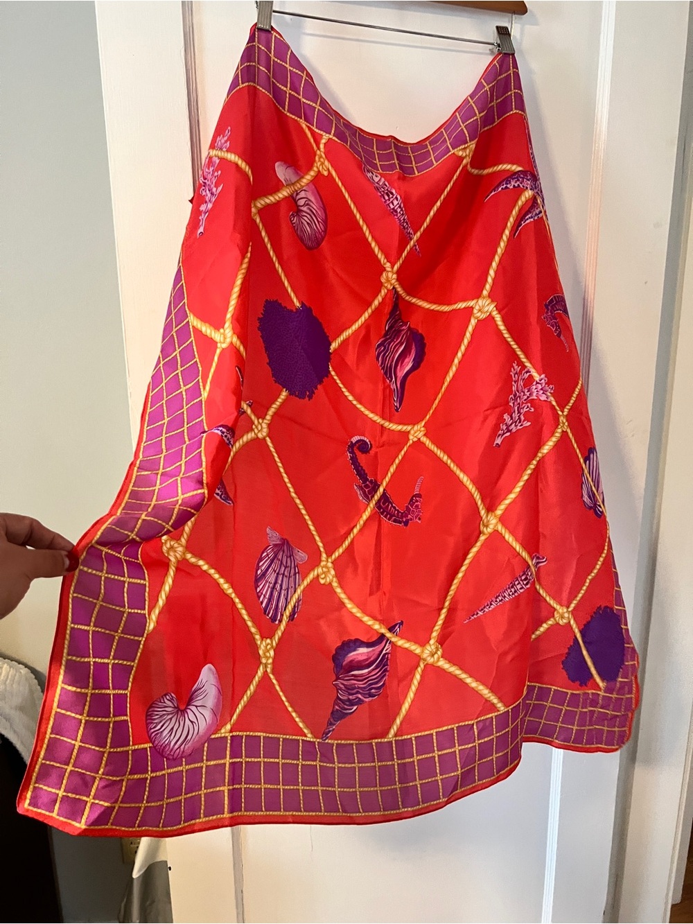 VINTAGE Anne Klein Silk Nautical Shell Scarf Coral Red Purple Tropical Vacation